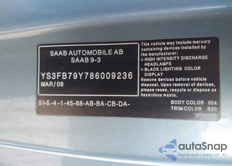 2008 Saab 9-3 2.0T из США, поврежденный, VIN YS3FB79Y786009236